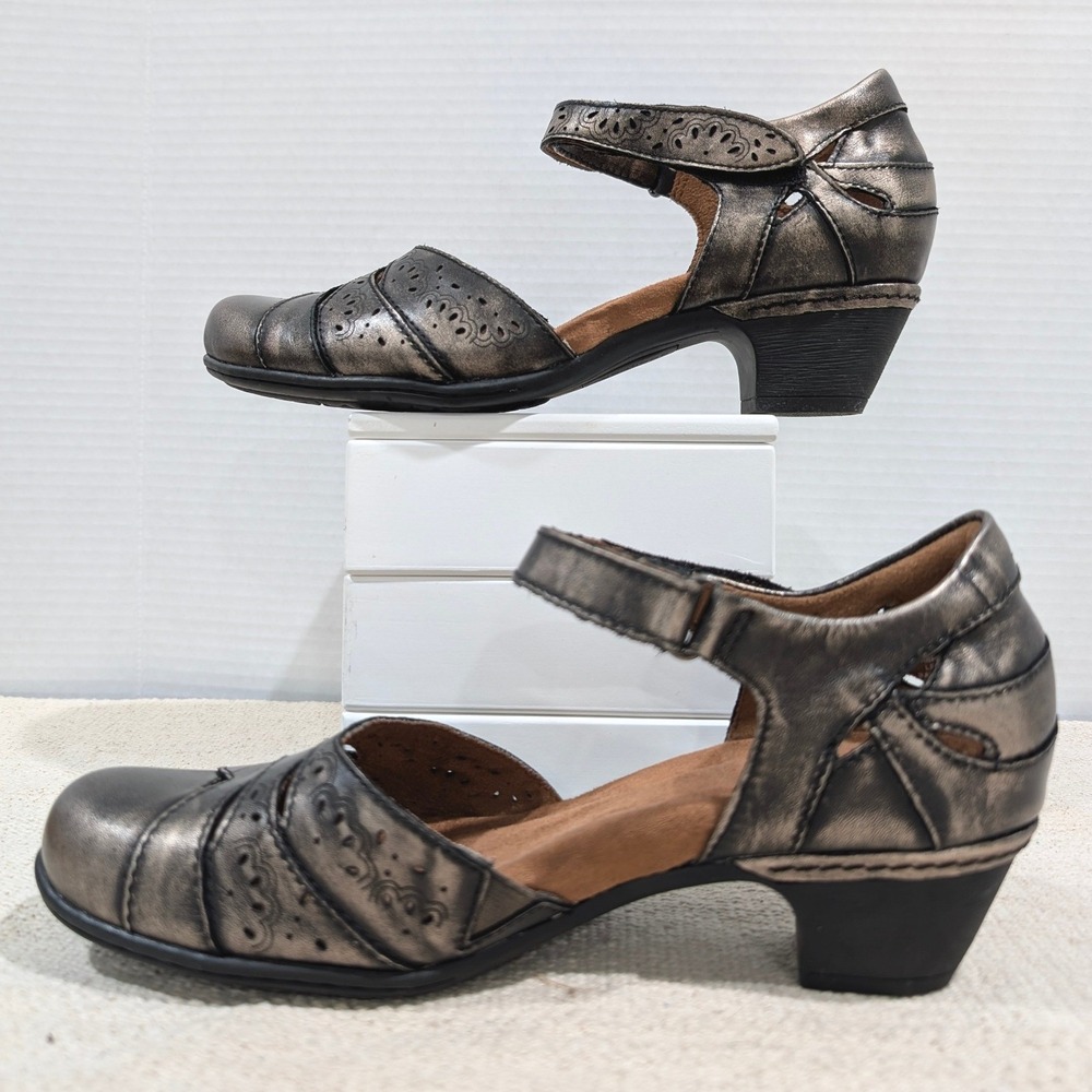Rockport Metallic Pewter Bronze Leather Mary Jane Comfort Heels Velcro Strap 8.5 - Picture 4 of 12